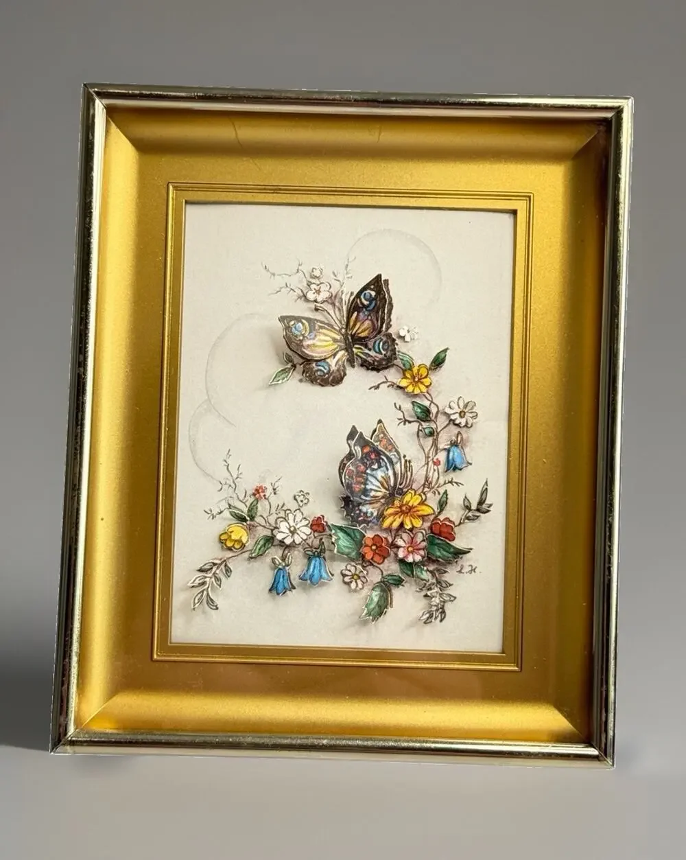 Vtg 3D Paper Tole Art Cottage Core Butterfly Floral Shadowbox Ornate Gold Frame
